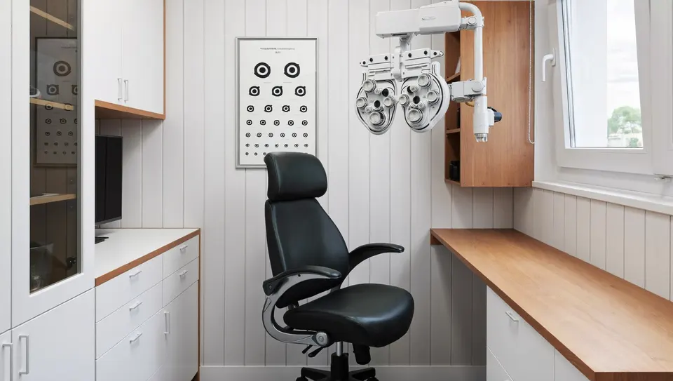 O gabinete do exame visual da Ótica de Exemplo. Imagem gerada.